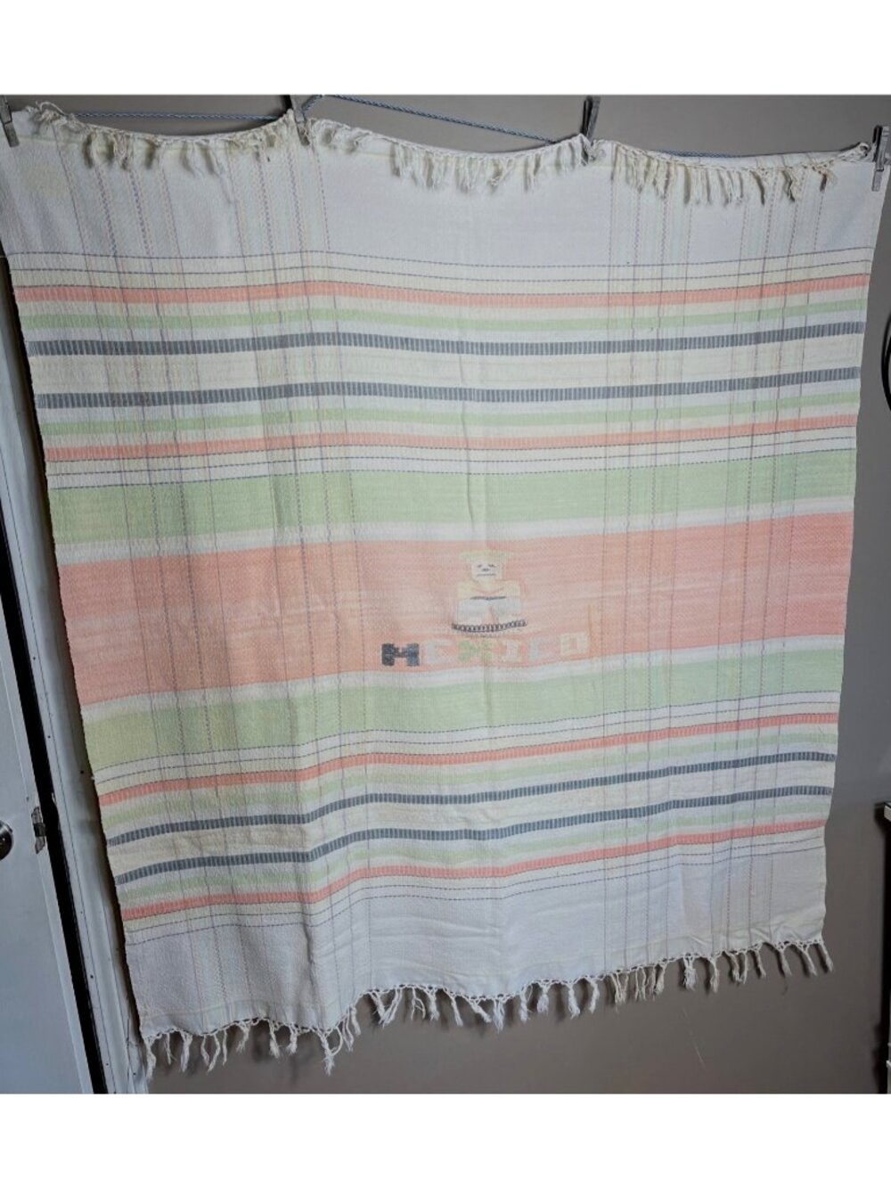Vtg Mexico Saltillo Blanket Throw Serape Tablecloth Cotton Woven Fringe 50x48"